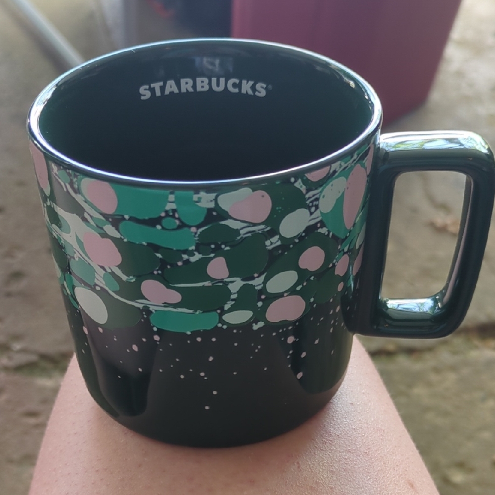 Starbucks Dark Green Mug with Pink and White Dots